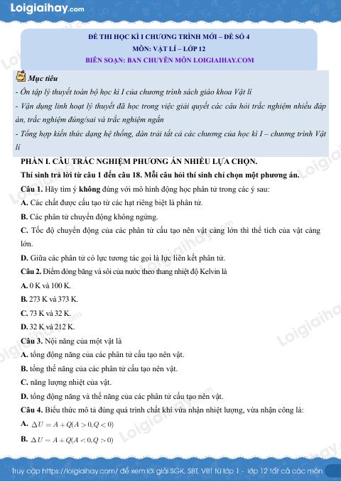Đề thi học kì 1 Vật lí 12 Cánh diều - Đề số 4